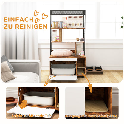 PawHut Katzentoilette mit 3-Ebenen-Regal und Kratzpfosten, geschlossenes Katzenklo, 80 x 48 x 152 cm, Braun