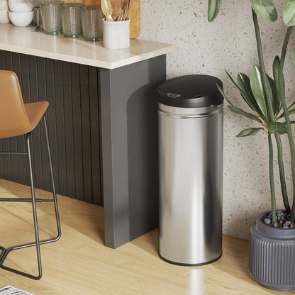 HOMCOM 50 Liter Sensor-Mülleimer mit Soft-Close-Funktion, berührungsfreier Abfalleimer aus Edelstahl für hygienische Küchen, Büros, Silberfarben