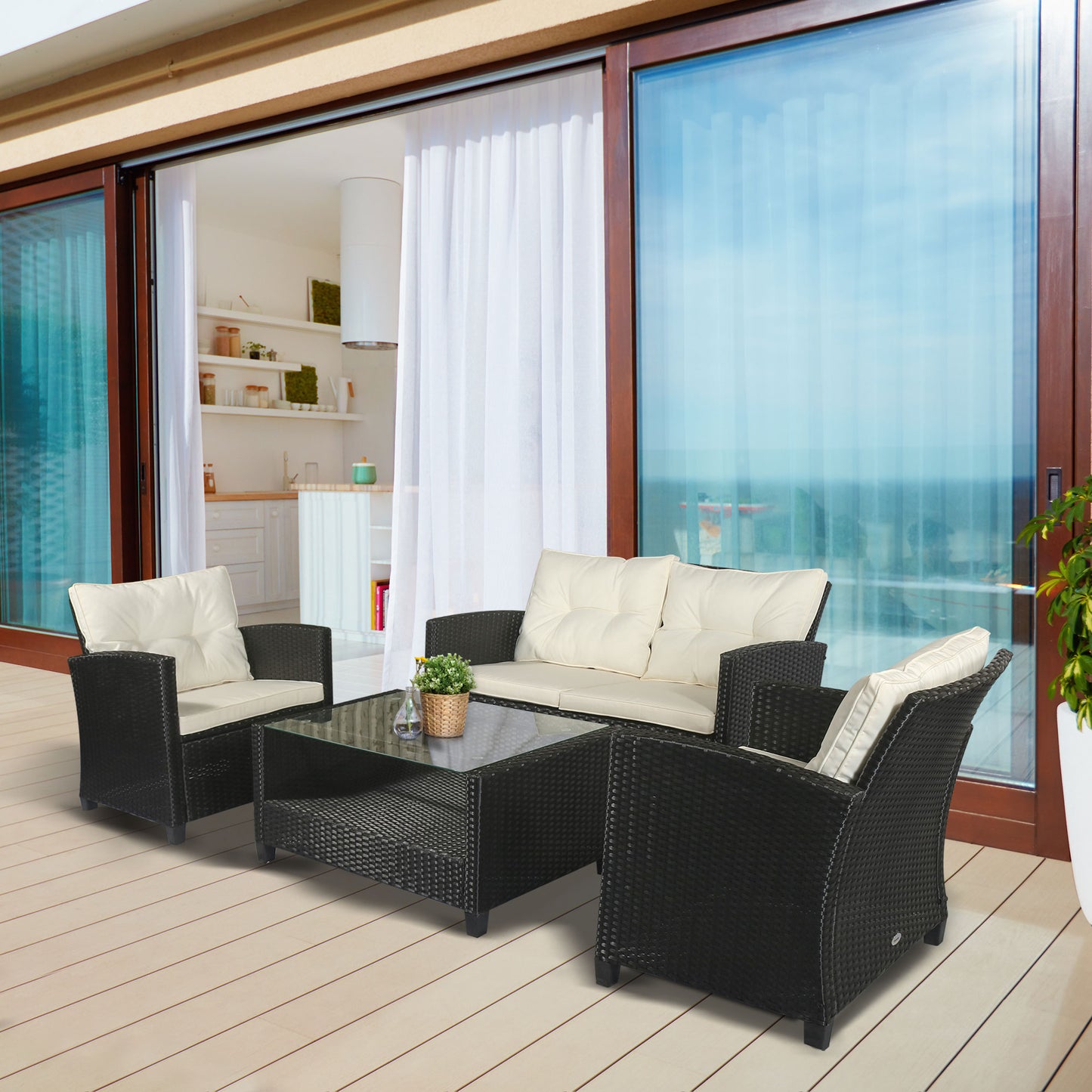 Outsunny Gartenmöbel-Set. 4-tlg., 2 Sessel, 1 Sofa, 1 Couchtisch, abnehmbare Polster, PE-Rattan, Schwarz
