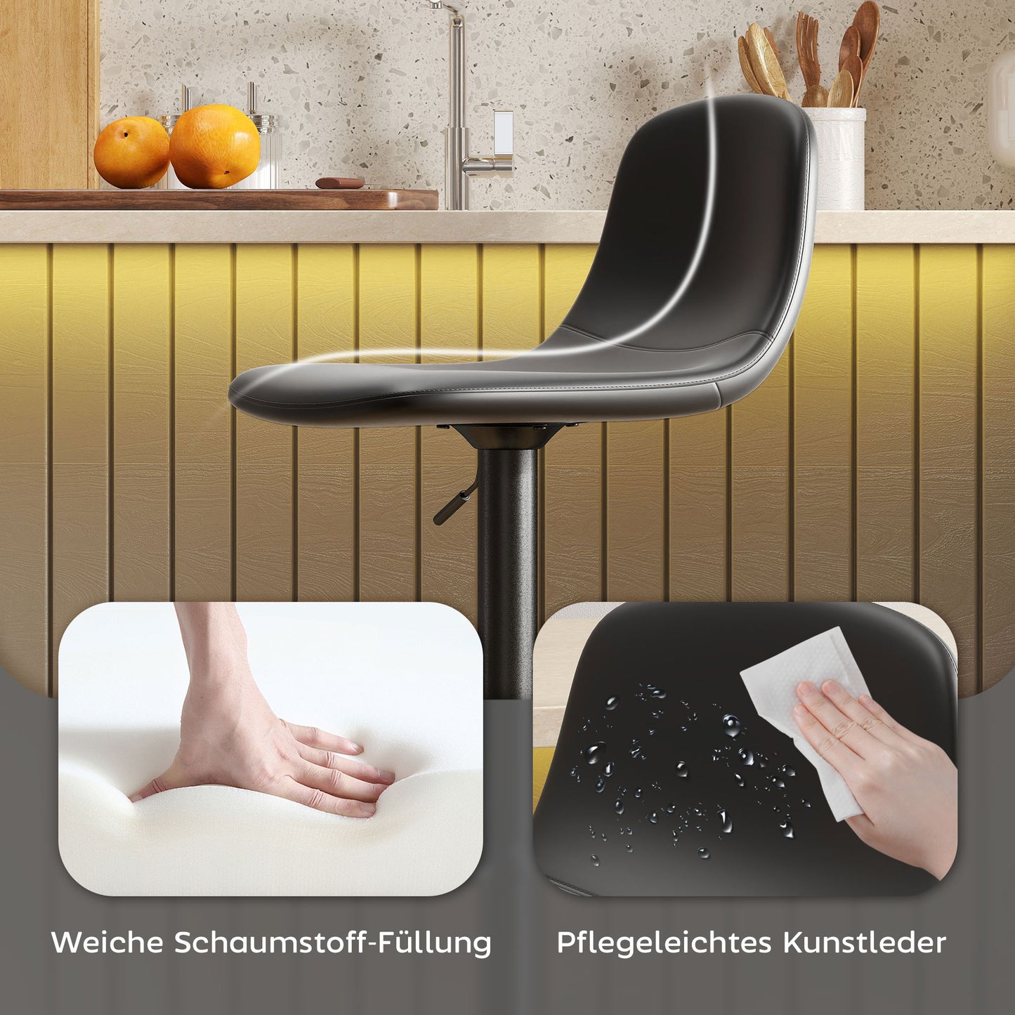 HOMCOM 2er-Set Barhocker، Barstühle mit Kunstlederbezug، drehbar، mit Rückenlehne und Fußstütze، Metallbasis، Schwarz