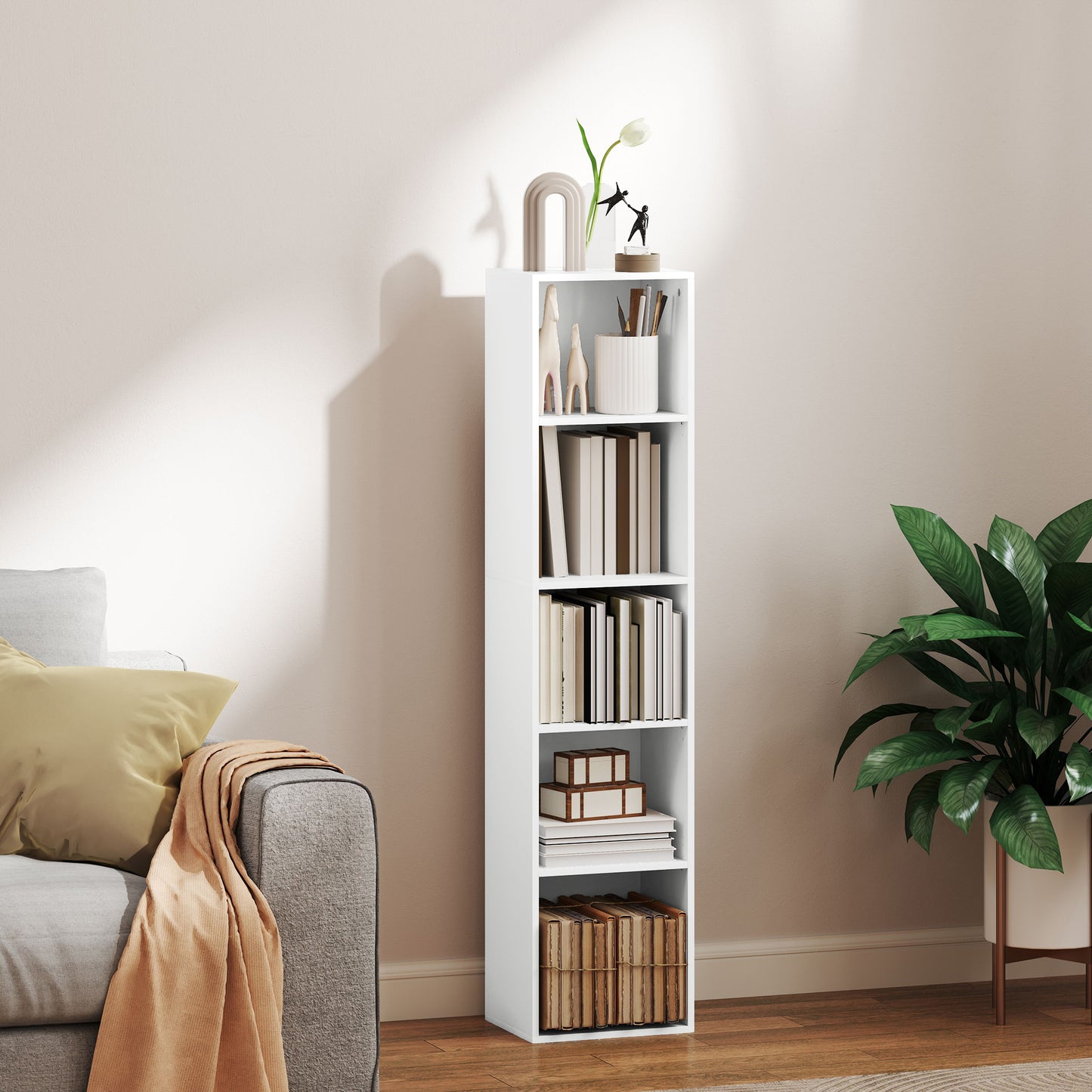 HOMCOM Bücherregal, 5 Fächer, verstellbare Regale, Holz, 30 x 24 x 133,5 cm, Weiß