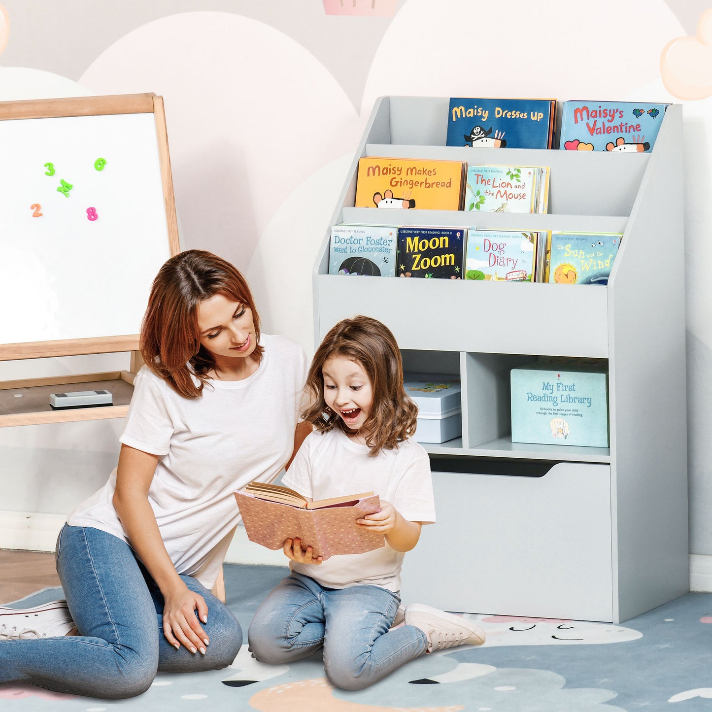 HOMCOM Kinderregal mit Schublade, Bücherregal mit Fächern, 60 x 29,9 x 90 cm, Grau