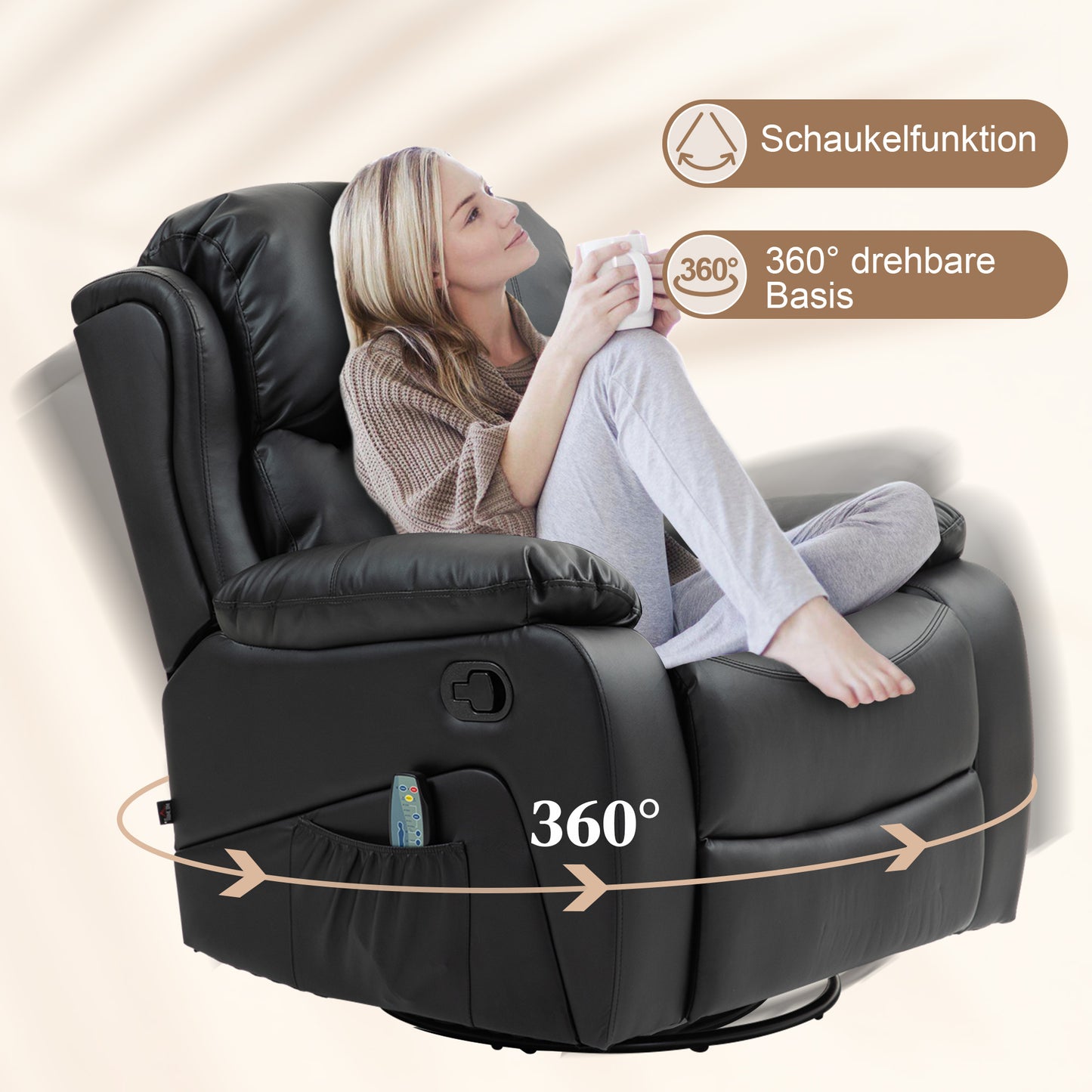 HOMCOM Massagesessel, Wärme- & Liegefunktion, Kunstleder, bis 150kg, 97x92x104cm, Schwarz