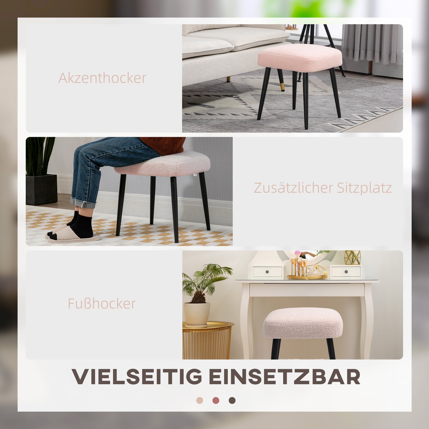 HOMCOM Hocker, Fußstütze, gepolsterter Sitz, Kaschmir-Optik, Stahlbeine, 42 x 42 x 44 cm, Rosa