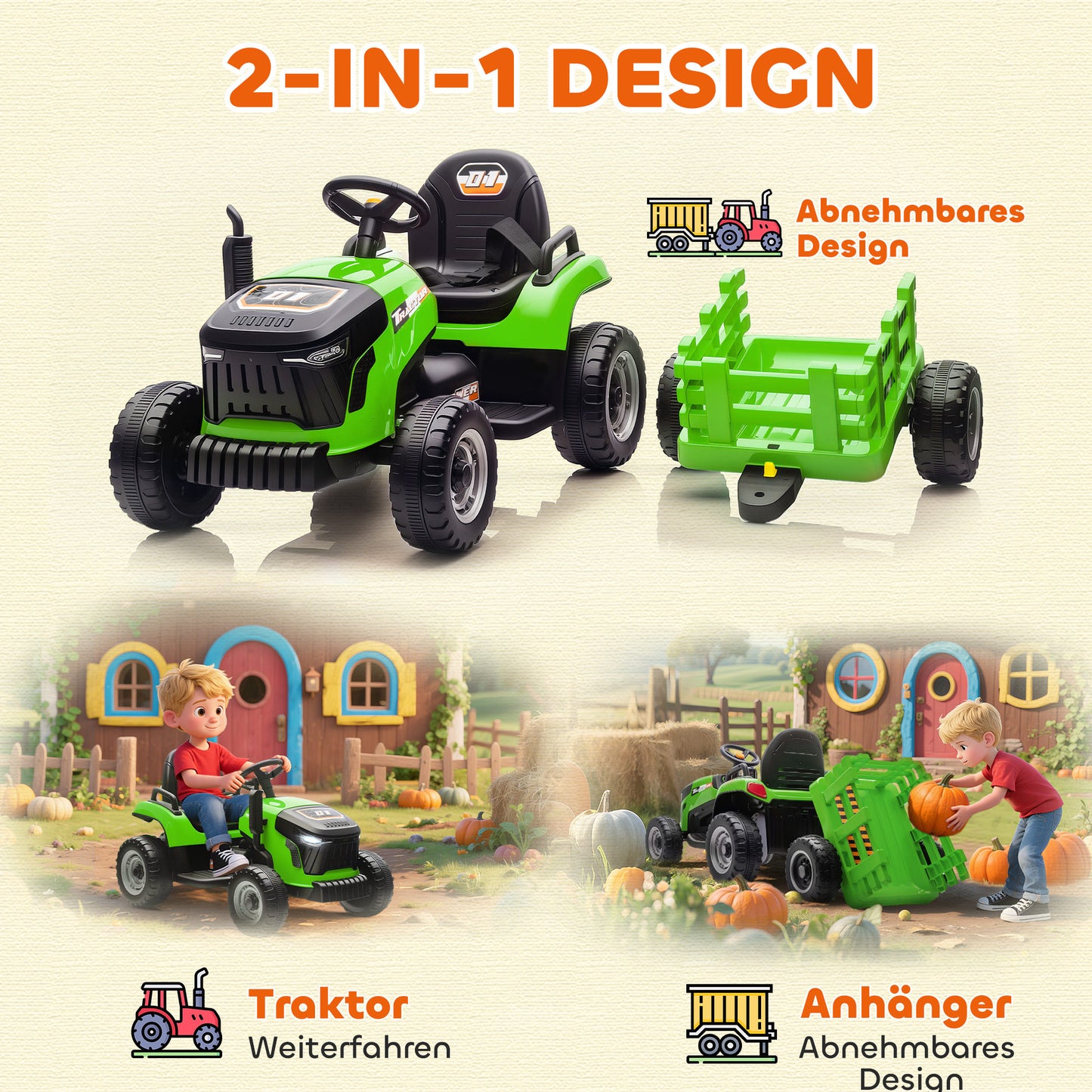 AIYAPLAY Elektrischer Kindertraktor, Aufsitz-Traktor mit Fernbedienung, Soft-Start, für Kinder im Alter von 3-8 Jahren, Grün