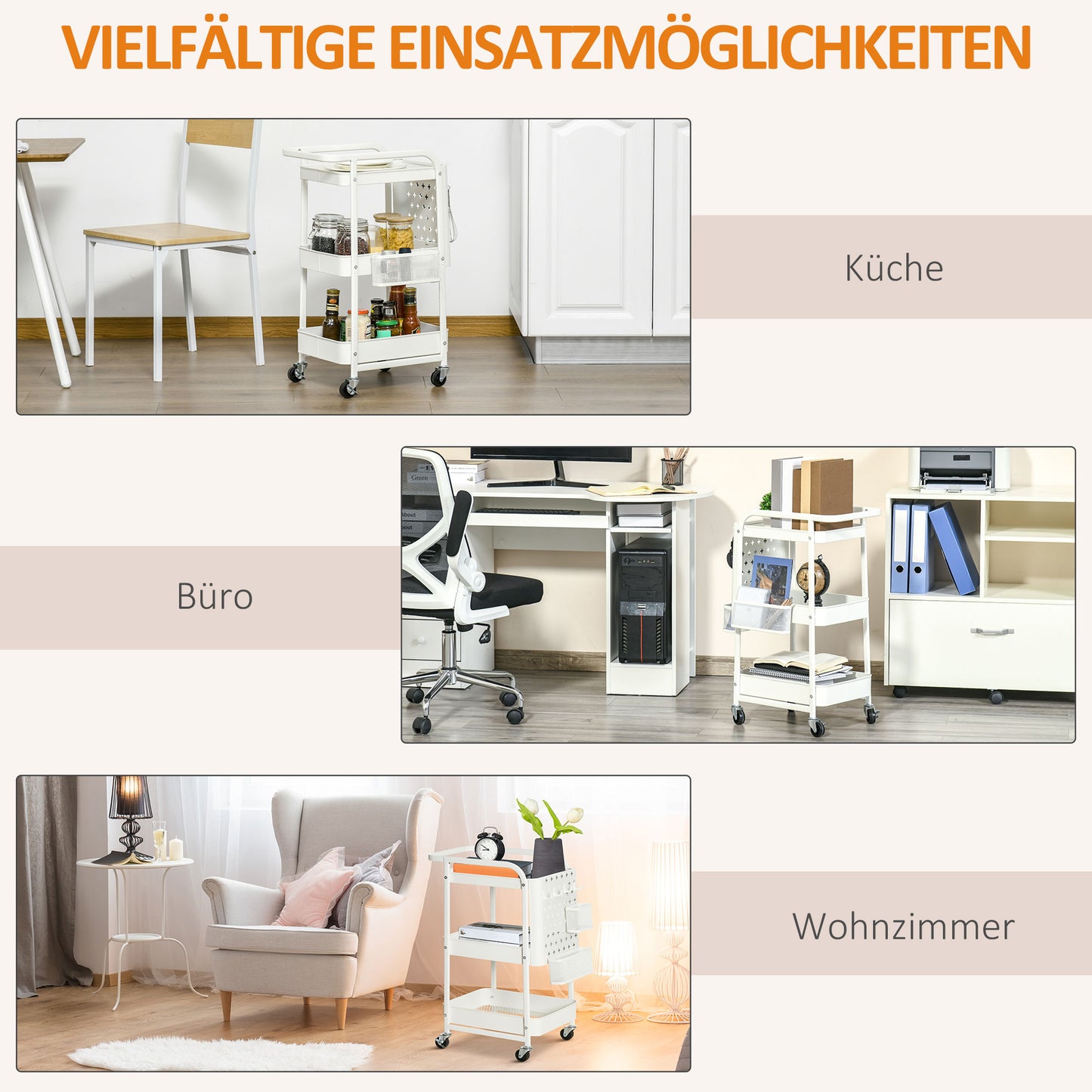 HOMCOM Küchentrolley med Lochtafel, Handtuchhaltern och Aufbewahrungskörben, 51,5 cm x 32 cm x75,6 cm, Weiß
