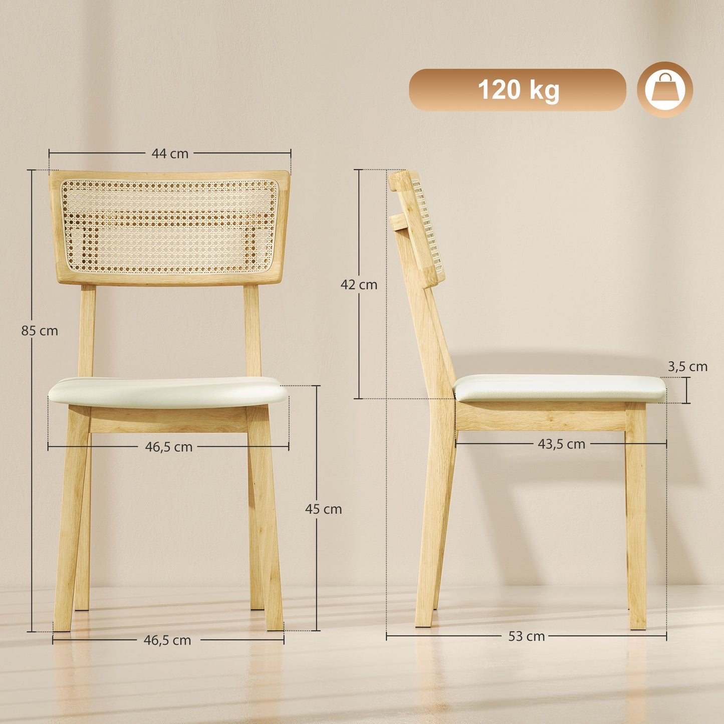 HOMCOM Esszimmerstuhl, Rattan-Rückenlehne, Kunstleder-Sitz, Kautschukholz, Naturholz