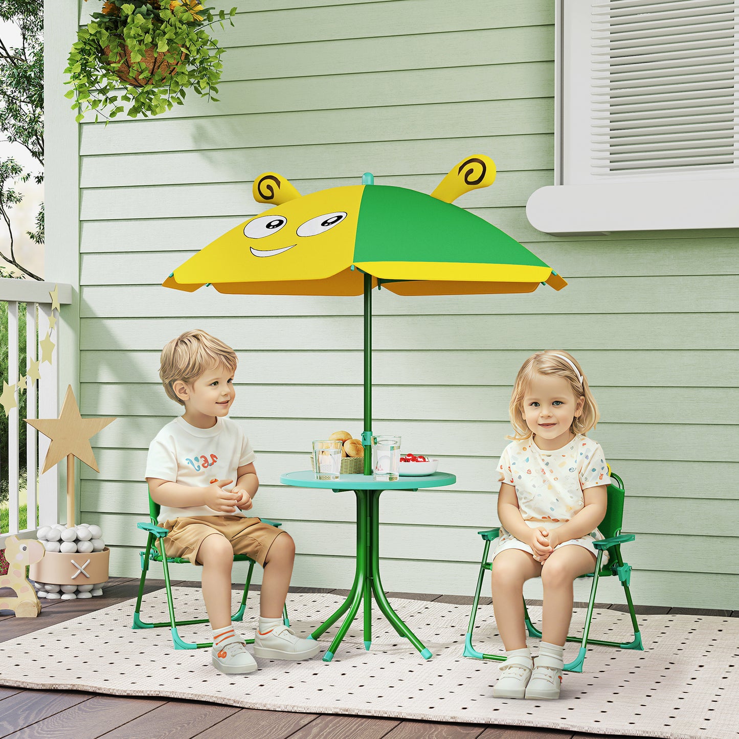 AIYAPLAY Gartenmöbel-Set für Kinder، Stühle، Tisch، Sonnenschirm، Bienen-Design، Grün+Gelb