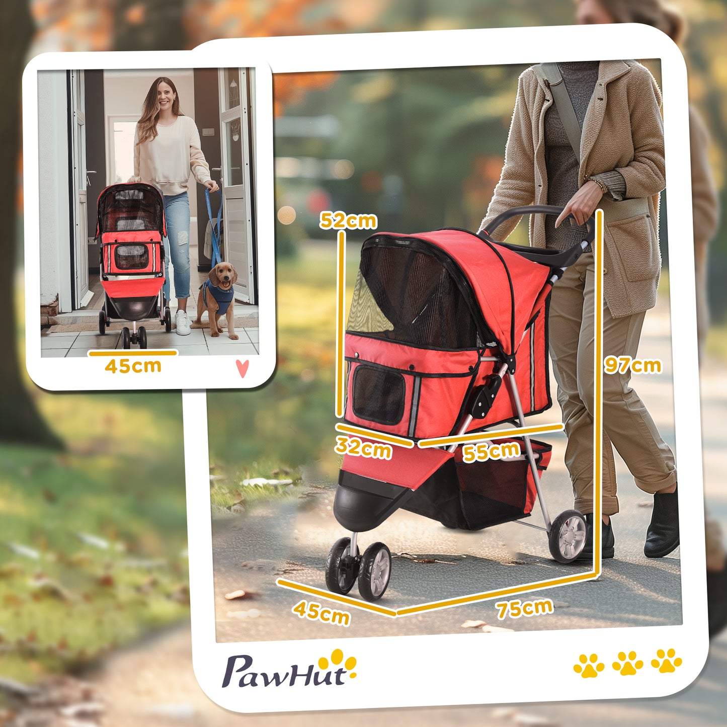 PawHut Hundewagen Hundebuggy bis 10 kg Klappbar Bodenkorb 2 Becherhalter verstellbares Vordach Rot
