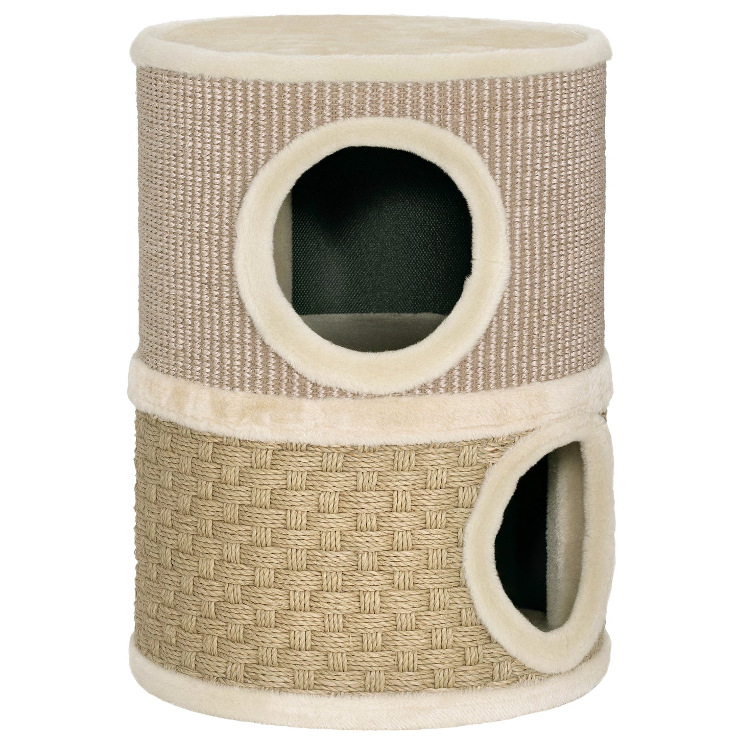 PawHut Kratztonne, 49 cm hoch, Ø35,5 cm zweistöckige Katzentonne mit Plüschrand Kratzmatte, 2 Höhle Khaki+Kaffee
