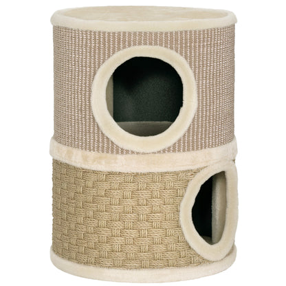 PawHut Kratztonne, 49 cm hoch, Ø35,5 cm zweistöckige Katzentonne mit Plüschrand Kratzmatte, 2 Höhle Khaki+Kaffee
