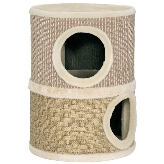 PawHut Kratztonne, 49 cm hoch, Ø35,5 cm zweistöckige Katzentonne mit Plüschrand Kratzmatte, 2 Höhle Khaki+Kaffee
