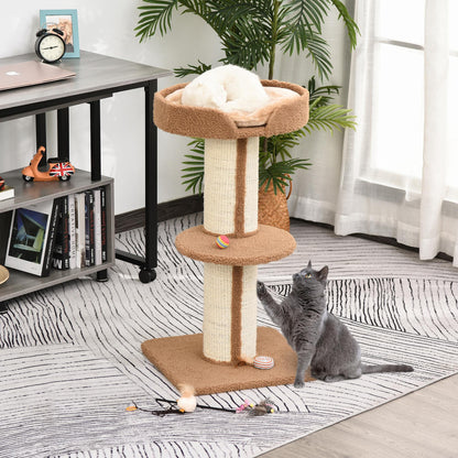 PawHut Kratzbaum 91 cm Katzenturm mit Sisalstämme, Plattform, Kissen mehrstöckiger Katzenkratzbaum, Kletterbaum, für mittelgroße Katzen, Hellbraun