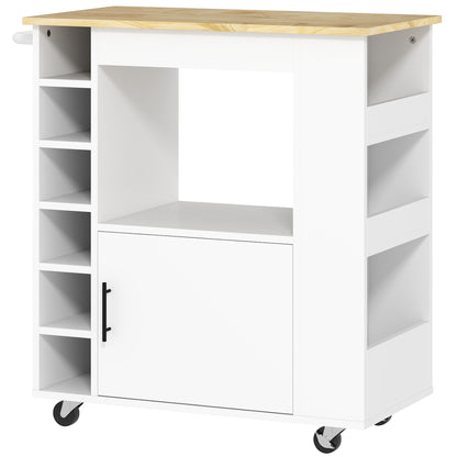 HOMCOM Küchenwagen, Rollbare Kücheninsel, Küchen-Trolley mit Fächern, Weinregalen, Schrank und Arbeitsfläche, Weiß