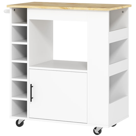 HOMCOM Küchenwagen, Rollbare Kücheninsel, Küchen-Trolley mit Fächern, Weinregalen, Schrank und Arbeitsfläche, Weiß