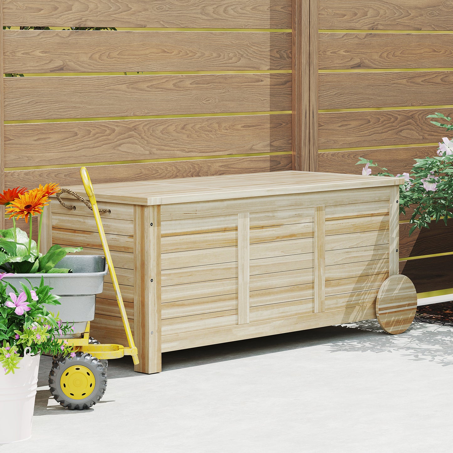 Outsunny 185 L Außenlagerbox, Lagerkiste mit Rädern, wetterbeständig, Tannenholz, 110 x 50 x 50 cm, Hellbraun