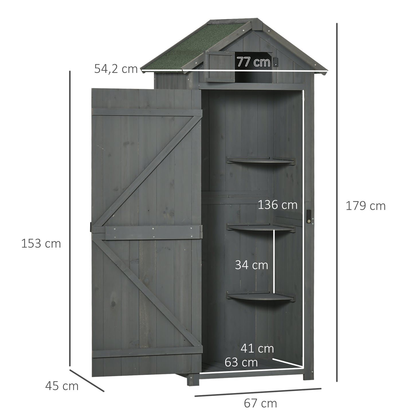 Outsunny Gartenschrank Holz, Geräteschuppen wetterfest 77x54,2x179cm, Gerätehaus mit Tür, Satteldach, Geräteschrank mit Böden, Werkzeugschrank Gartenschuppen für Garten, Terrasse, Grau+Grün
