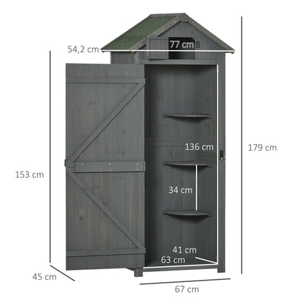 Outsunny Gartenschrank Holz, Geräteschuppen wetterfest 77x54,2x179cm, Gerätehaus mit Tür, Satteldach, Geräteschrank mit Böden, Werkzeugschrank Gartenschuppen für Garten, Terrasse, Grau+Grün