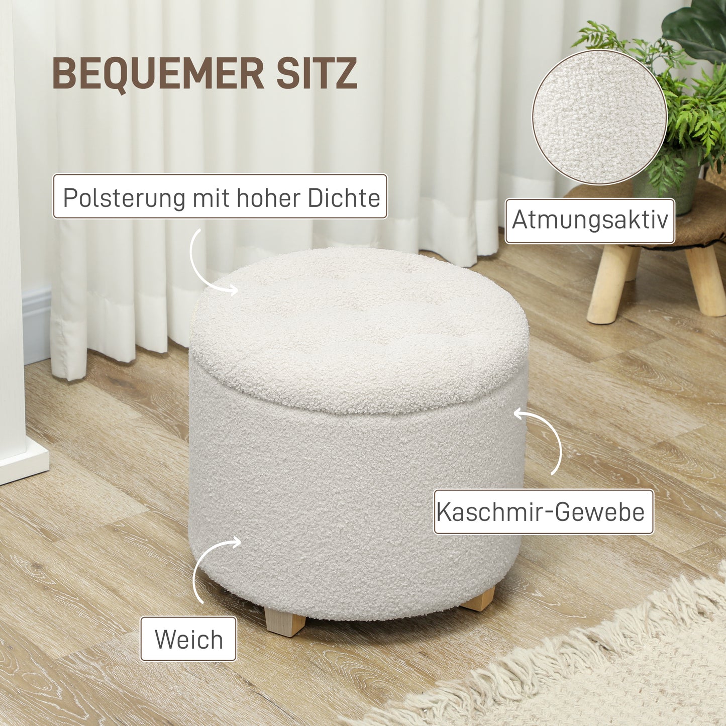 HOMCOM Sitzhocker mit Stauraum, Hocker mit Deckel, Runder Fußhocker, Aufbewahrungsbox, mit Holzbeinen, Weiß