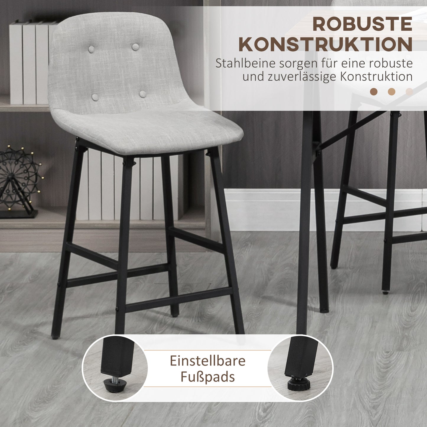 HOMCOM Bartisch mit Barhockern im Industrie-Design, Knopfheftung, 120 cm x 60 cm x 91 cm, Hellgrau