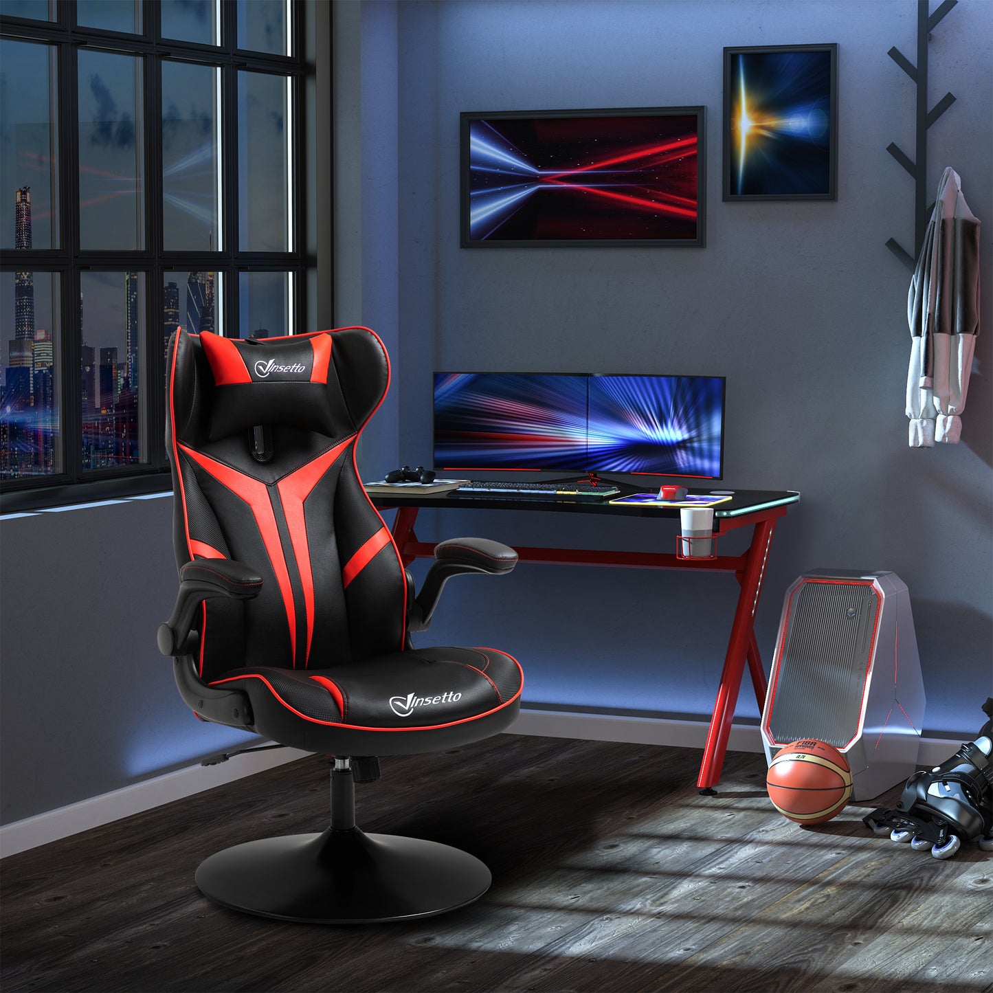 Vinsetto Gaming Stuhl ergonomischer Computerstuhl mit Wippfunktion Drehstuhl höhenverstellbar Stahl Schwarz+Rot 67 x 70 x 106-112 سم
