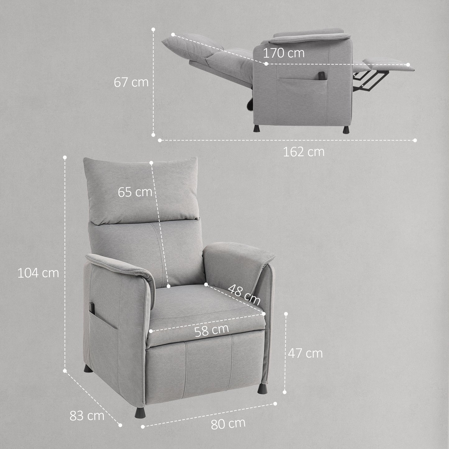 HOMCOM Relaxsessel mit leisem Motor, Polstersessel mit robusten Stoffbezug, Memory-Funktion, anpassbare Fußstütze, Grau