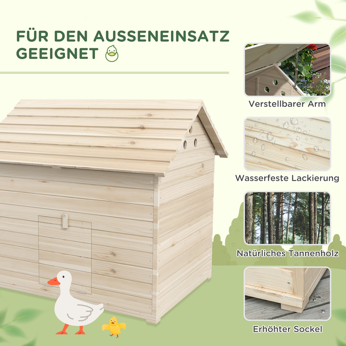 PawHut Entenhaus mit aufklappbarem Kippdach, Geflügelhaus mit erhöhten Boden und Rampe, Tannenholz, 100 x 82,5 x 91 cm