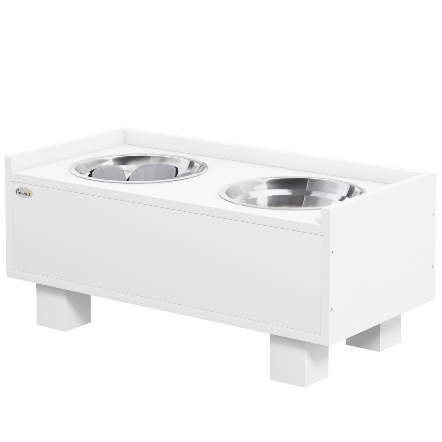 PawHut Erhöhte Fütterungsstation für Hunde, mit abnehmbarer Slow-Feeder-Matte, 2 Aluminiumschüsseln, Stauraum, Weiß