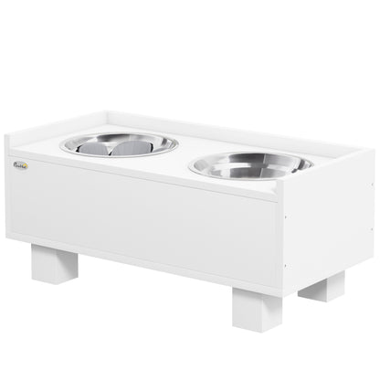PawHut Erhöhte Fütterungsstation für Hunde, mit abnehmbarer Slow-Feeder-Matte, 2 Aluminiumschüsseln, Stauraum, Weiß