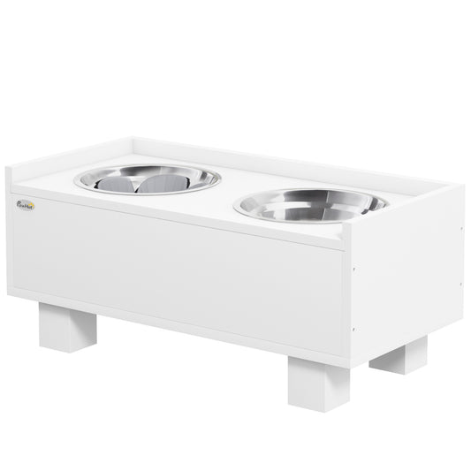 PawHut Erhöhte Fütterungsstation für Hunde, mit abnehmbarer Slow-Feeder-Matte, 2 Aluminiumschüsseln, Stauraum, Weiß