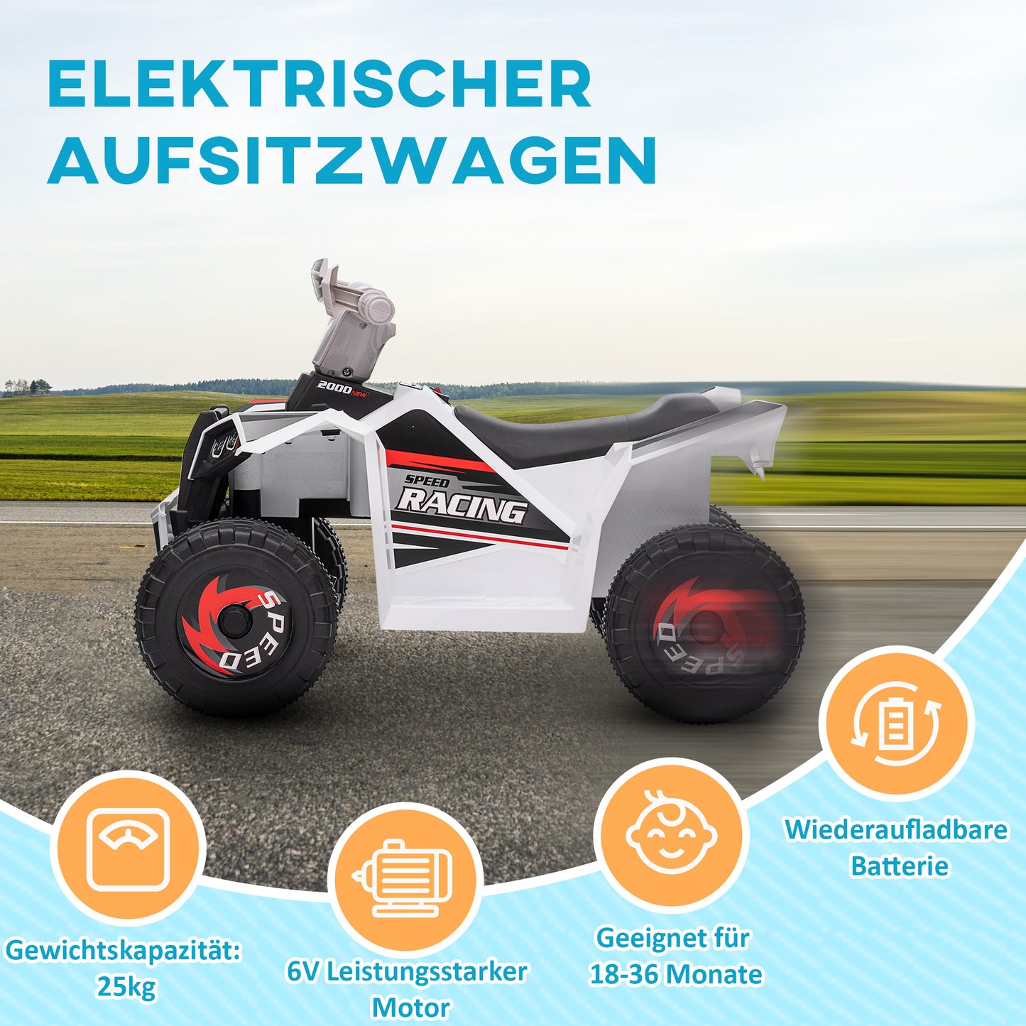 HOMCOM Elektro-Kinderquad, 2,5 km/h, Vorwärts- &amp; Rückwärtsgang, für 18-36 Monate, Weiß
