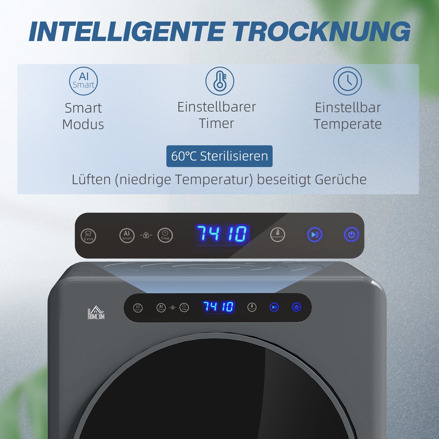 HOMCOM Wäschetrockner, 6 Programme, 40-60℃, 3 kg Kapazität, kompakt, Touch-Bedienung, Grau