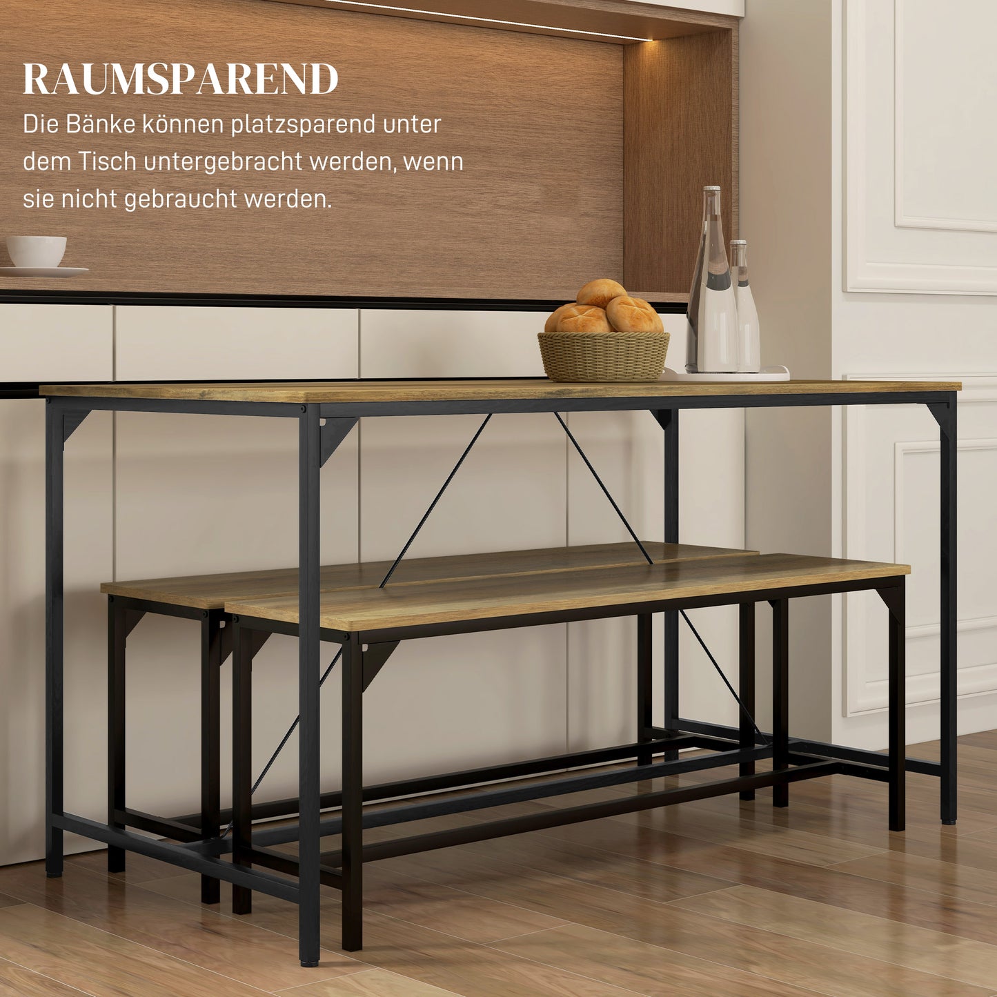 HOMCOM Essgarnitur, Tisch &amp; 2 Bänke, Industrial Design, Stahlrahmen, Holzdekor/Schwarz