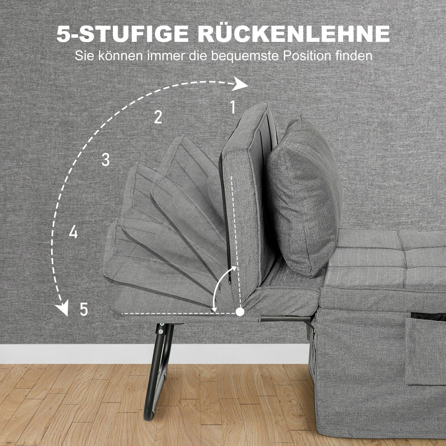 HOMCOM 4-in-1 Klappbett, Gästebett, höhenverstellbar, Matratze, Seitentaschen, Metallrahmen, grau, 188 x 75 x 38 cm