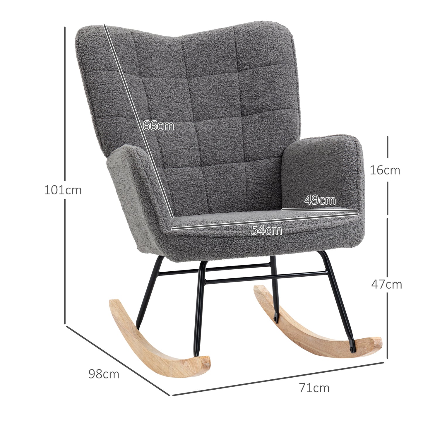 HOMCOM Schaukelstuhl im Retro-Design, Massivholz, Sessel, Relaxsessel, 98 cm x 71 cm x 101 cm, Dunkelgrau
