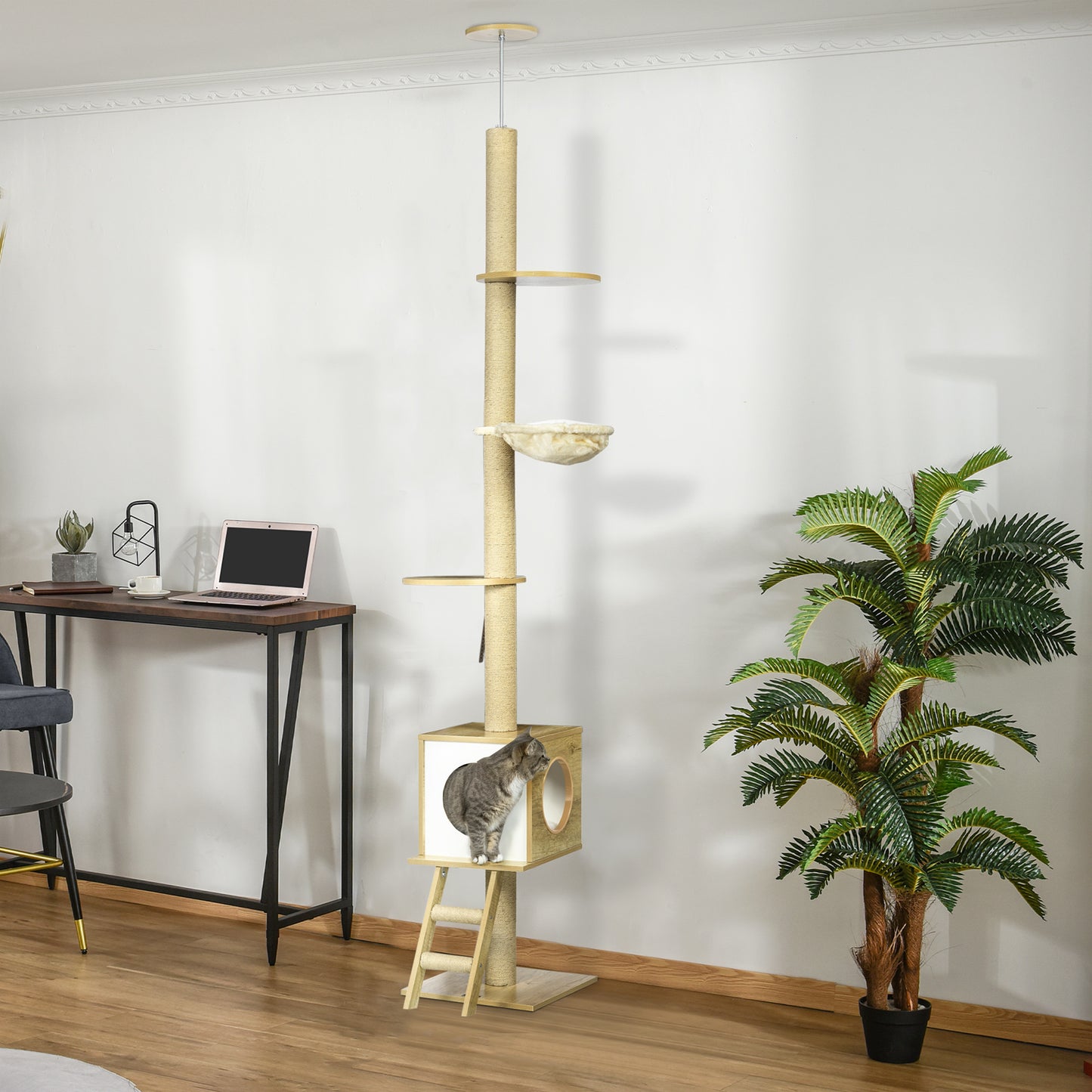 PawHut Kratzbaum, deckenhoch, Katzenhaus, zwei Plattformen, Hängematte, Kippschutz, hellbraun+beige, 40 x 40 x 260 cm
