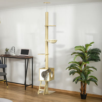 PawHut Kratzbaum, deckenhoch, Katzenhaus, zwei Plattformen, Hängematte, Kippschutz, hellbraun+beige, 40 x 40 x 260 cm