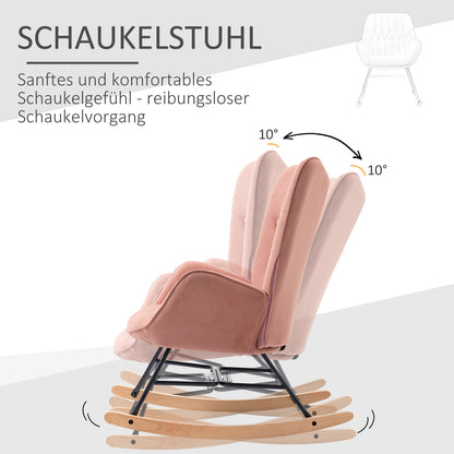 HOMCOM Schaukelstuhl mit Steppung, Holzkufen, Samtoptik, bis 150 kg, Rosa