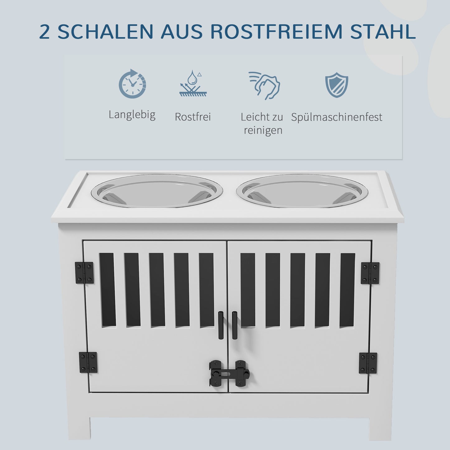 PawHut Erhöhte Futterstation für große Hunde, 2 Edelstahlnäpfe, Stauraum, 35,5x60x30 cm, Weiß