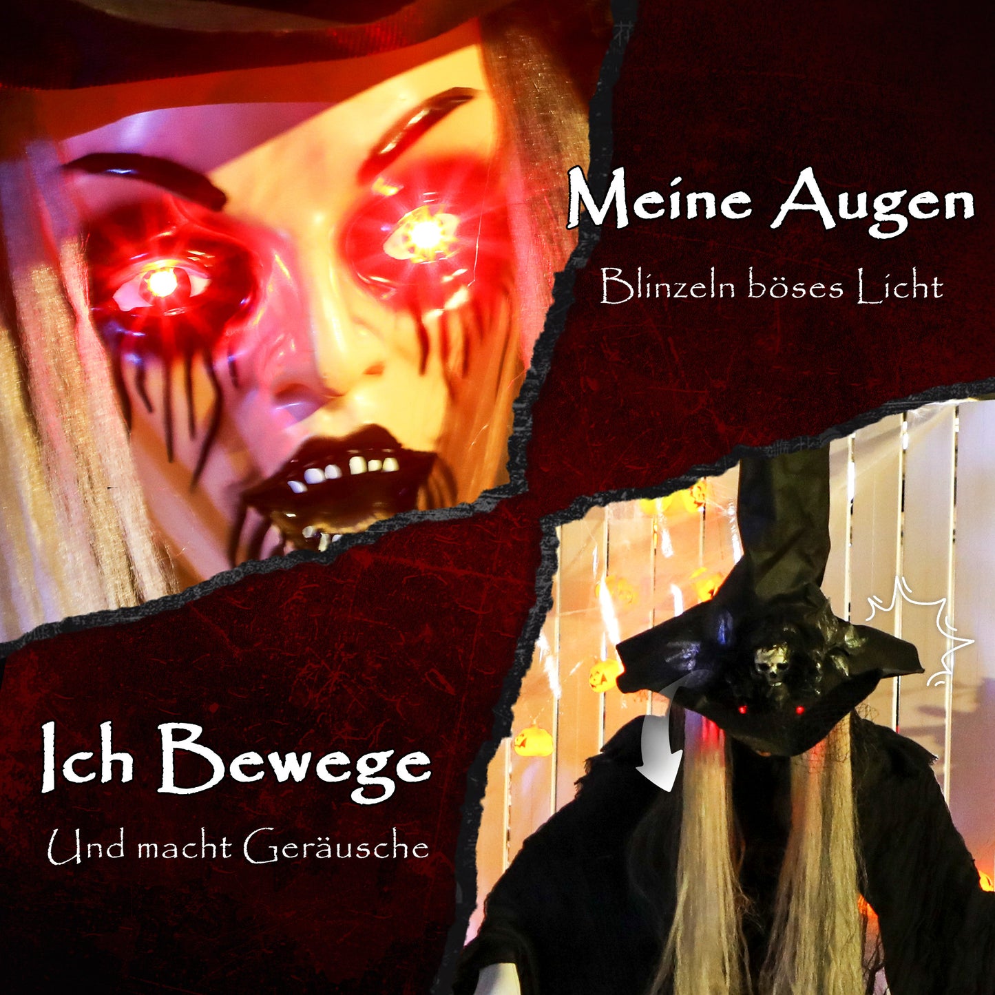 Outsunny 170 cm Halloween Dekoration Halloween Hexe mit LED-Lichter, Soundfunktion verstellbare Arme, Kopf