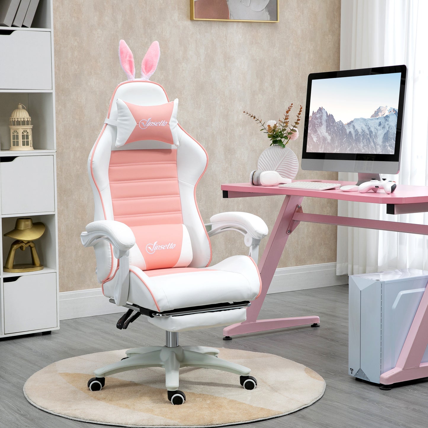 Vinsetto Gaming Stuhl Ergonomischer Gamer Stuhl mit Lendenwirbelstütze, Fußstütze Hasenohren Kopfkissen Rosa