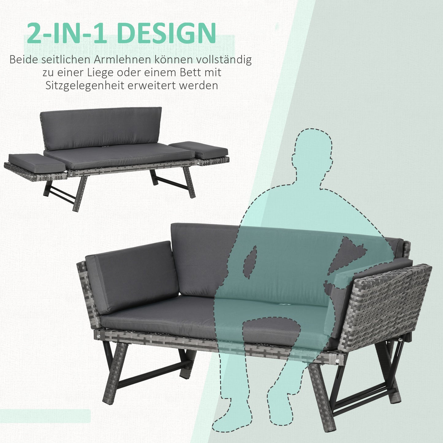 Outsunny Polyrattan Gartensofa 2 Sitzer Gartenmöbel Loungesofa Gartenbank Gartenliege klappbar Armlehnen Stahl Grau 129 x 63 x 67 cm