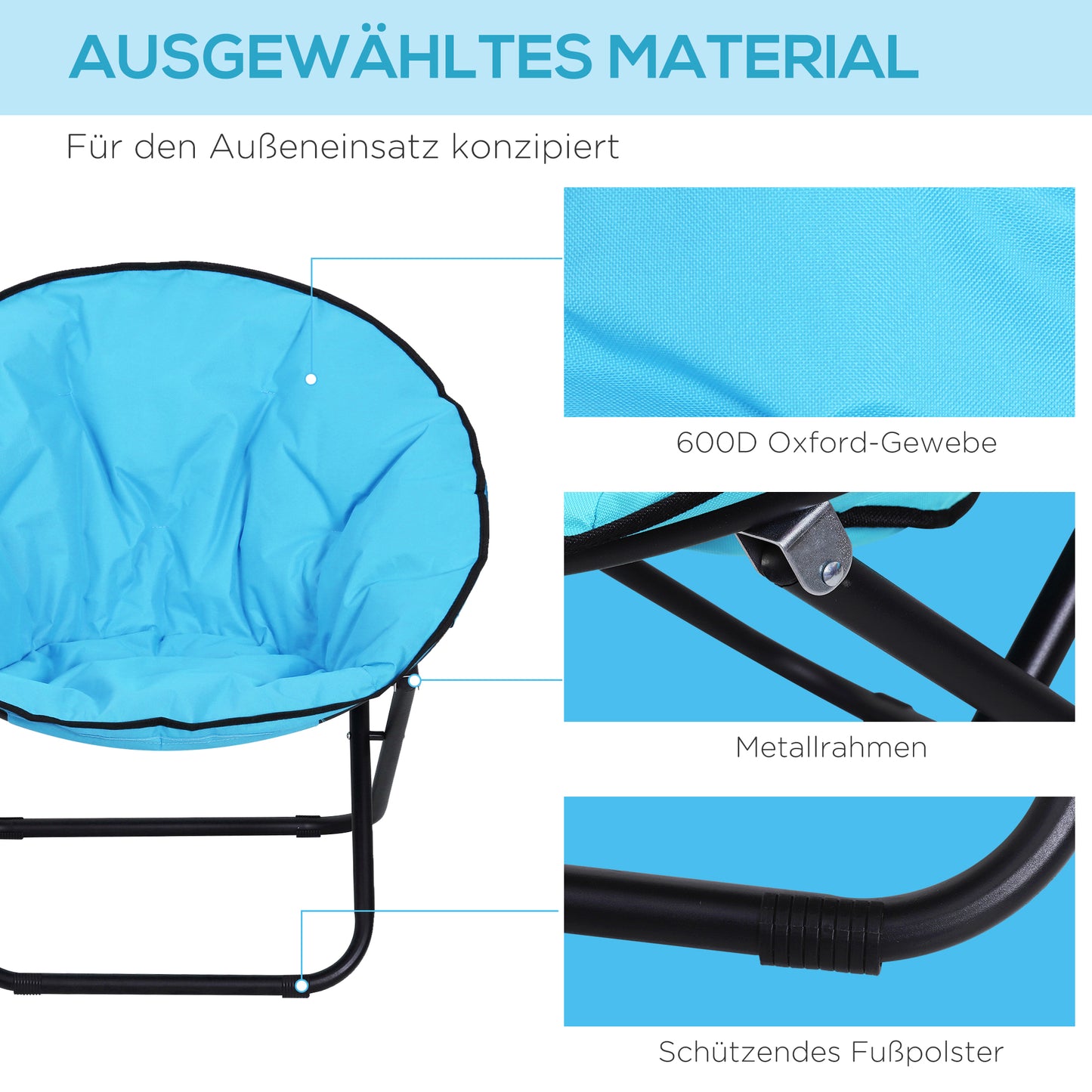 Outsunny Campingstuhl Faltbar Campingsessel mit Lehne, Klappstuhl bis 120kg, gepolstert Moonchair Extra Breit, Faltsessel Outdoor Stuhl für Garten, Balkon, Camping, Blau
