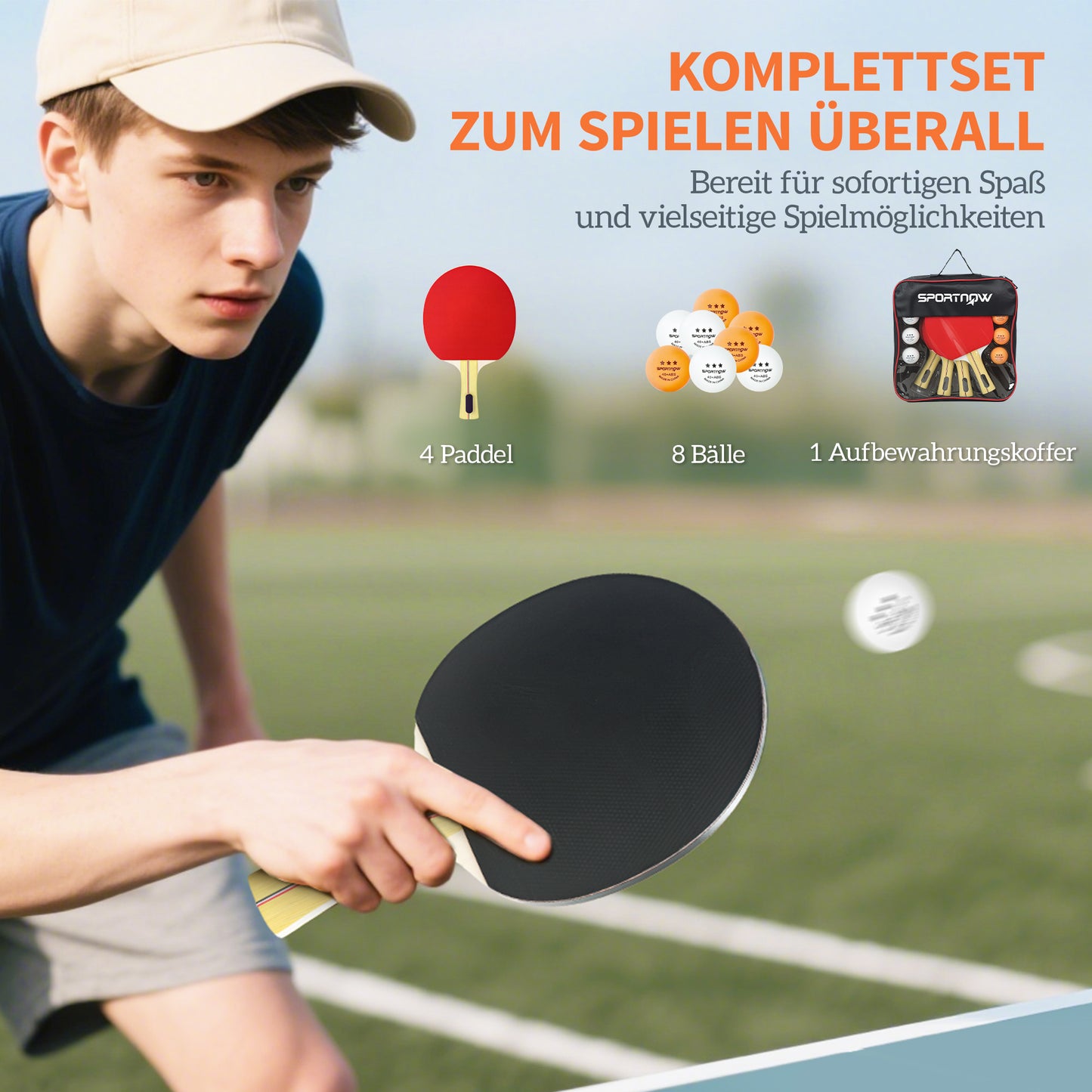 SPORTNOW Tischtennisschläger Tischtennis Set mit 4 Tischtennisschlägern, 8 Tischtennisbällen Tragetasche Für Drinnen & Draußen