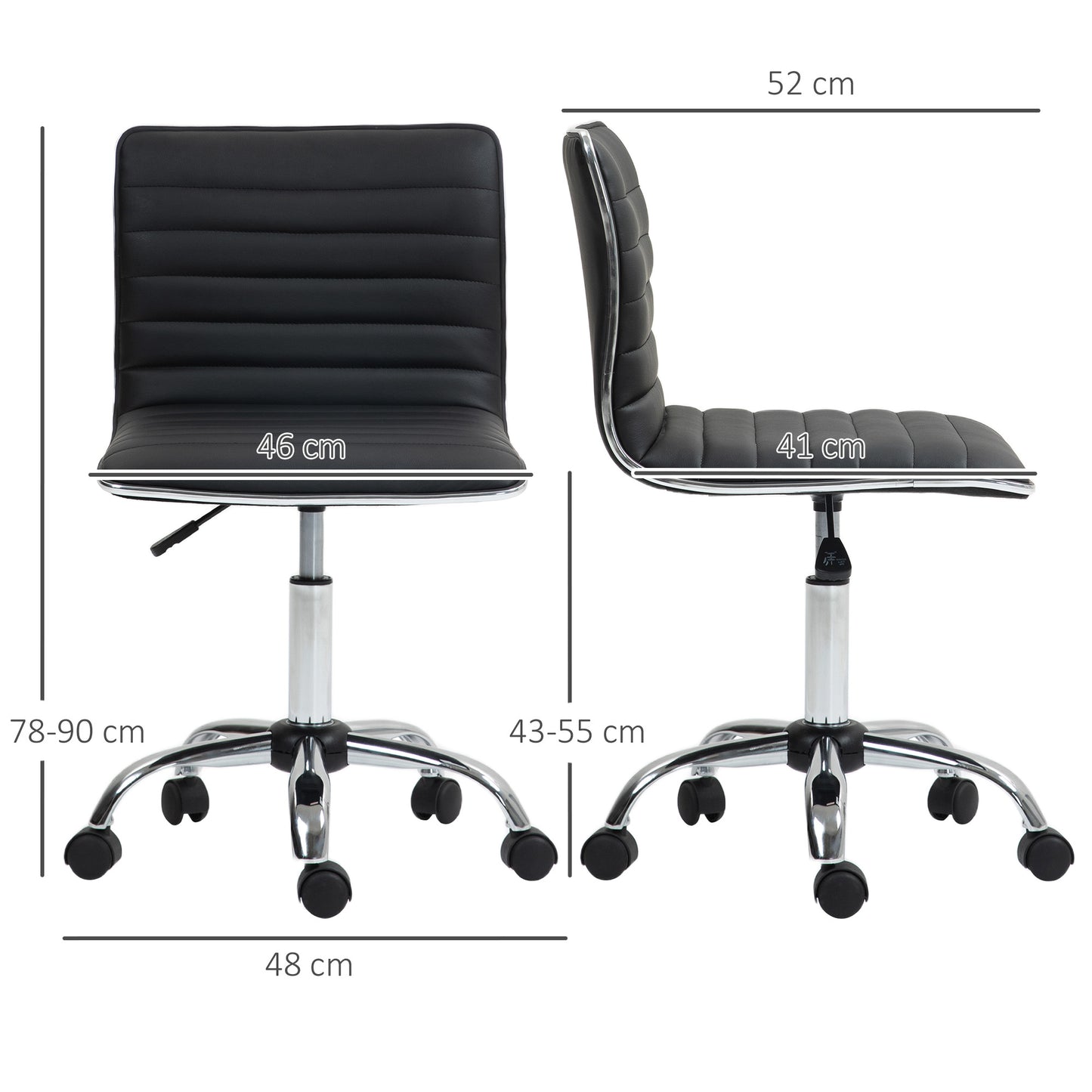 HOMCOM Höhenverstellbarer Salonstuhl mit Rückenlehne, Drehstuhl, Metall, Kunstleder, 48 x 52 x 78-90 cm, Schwarz