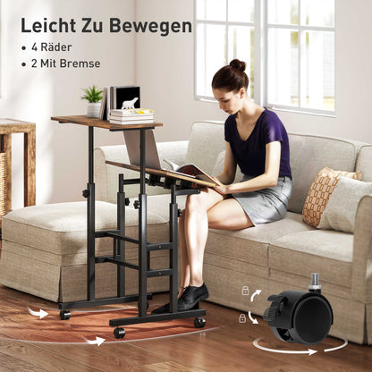HOMCOM chreibtisch Höhenverstellbar Küchentisch mit Regal, Rollen, Computertisch Rustikal Braun 60 x 60 x 70,5-120 cm