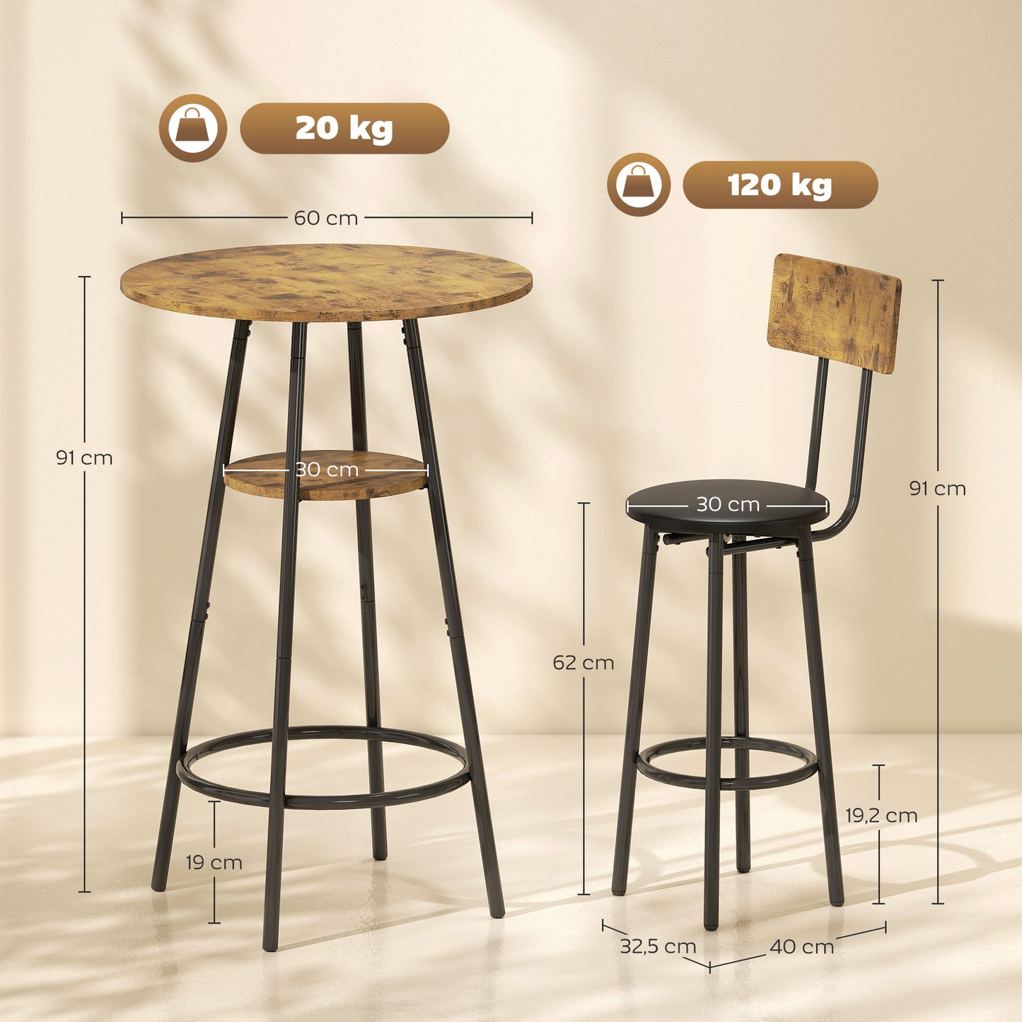 HOMCOM 3-teiliges Bartisch-Set mit 2 gepolsterten Hockern, Kunstleder-Bezug, Rückenlehne, Metallgestell, Braun