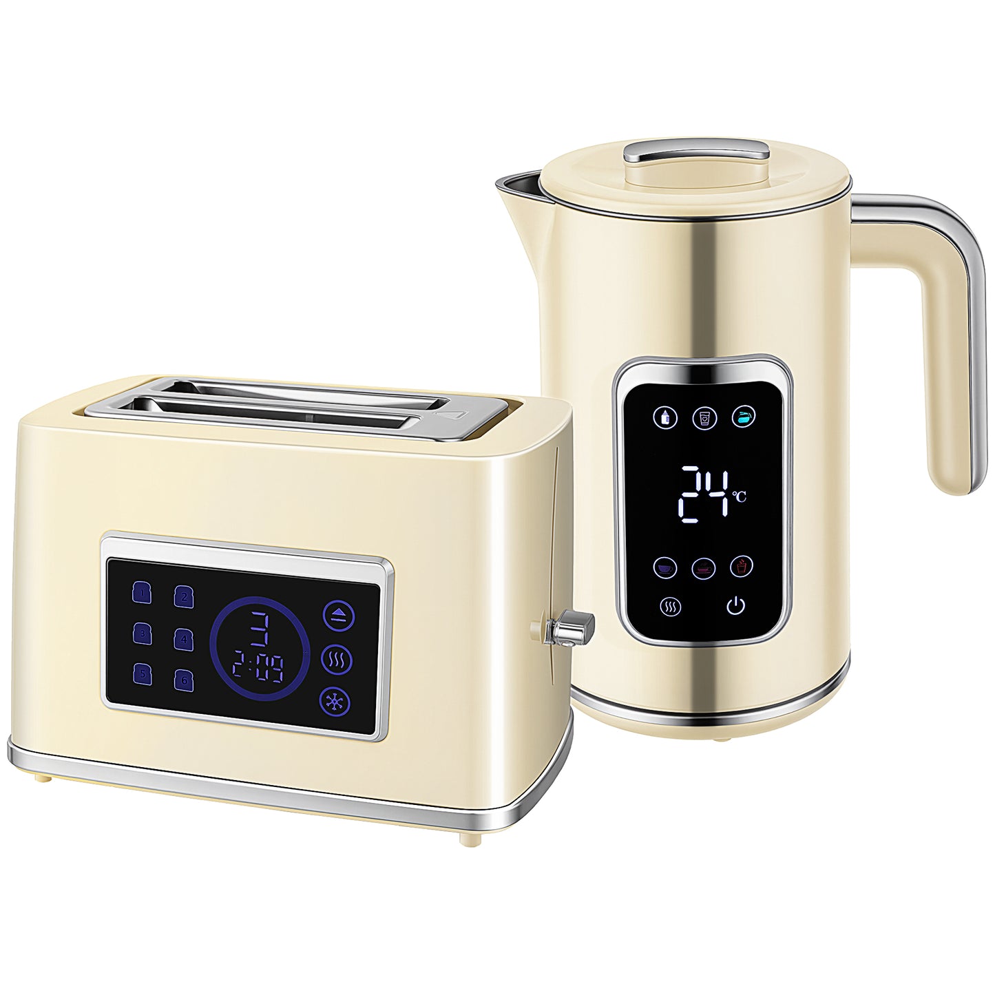 HOMCOM Wasserkocher und Toaster-Set mit LED-Touchscreen, 1,7 L, 2 Toasterschlitze, verschiedene Modi und Funktionen, Cremeweiß