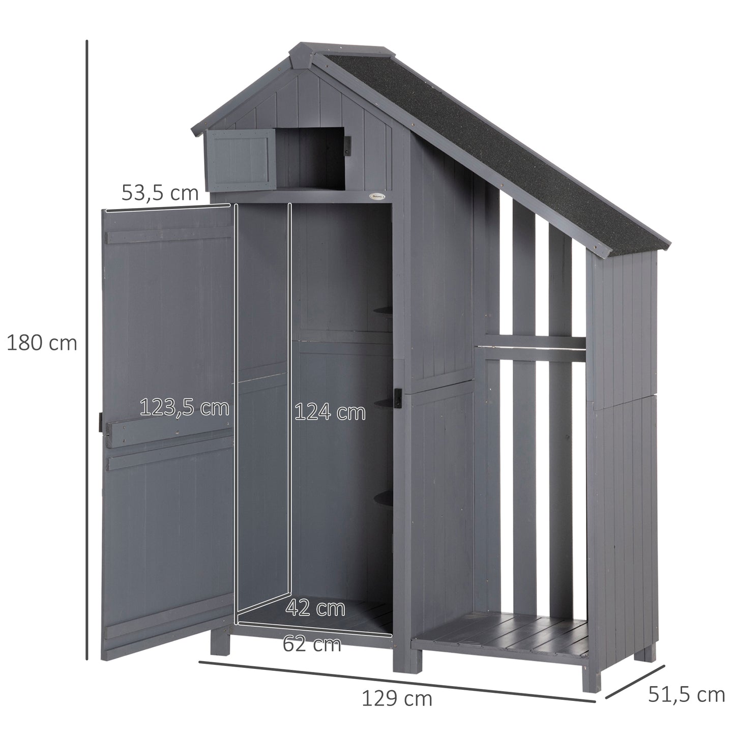 Outsunny Gartenschrank, offenes Brennholzfach, verriegelbare Tür, wetterfest, Naturholz, 129 x 51,5 x 180cm, grau+schwarz