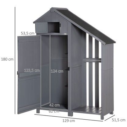 Outsunny Gartenschrank, offenes Brennholzfach, verriegelbare Tür, wetterfest, Naturholz, 129 x 51,5 x 180cm, grau+schwarz